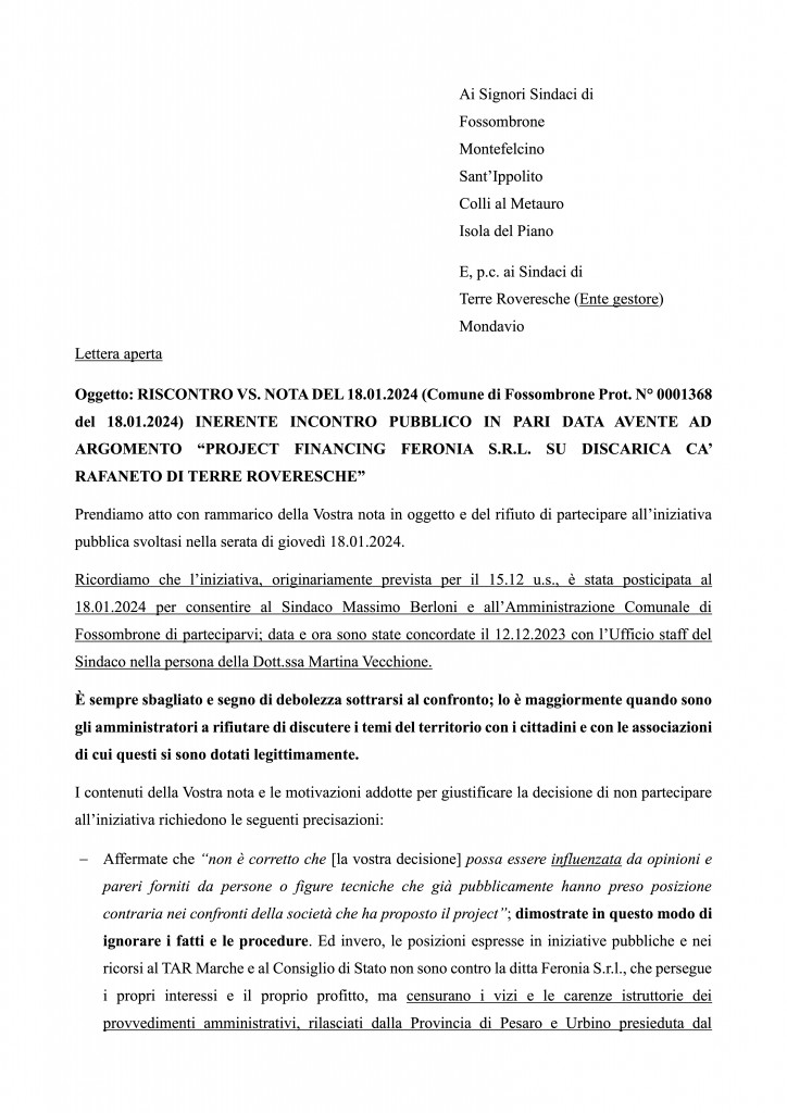 RISCONTRO NOTA DEL SINDACO IN DATA 18.01.2024